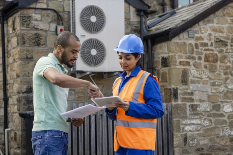An air source heat pump on the side of a home being installed in the North East of England. The house is aiming to be sustainable.